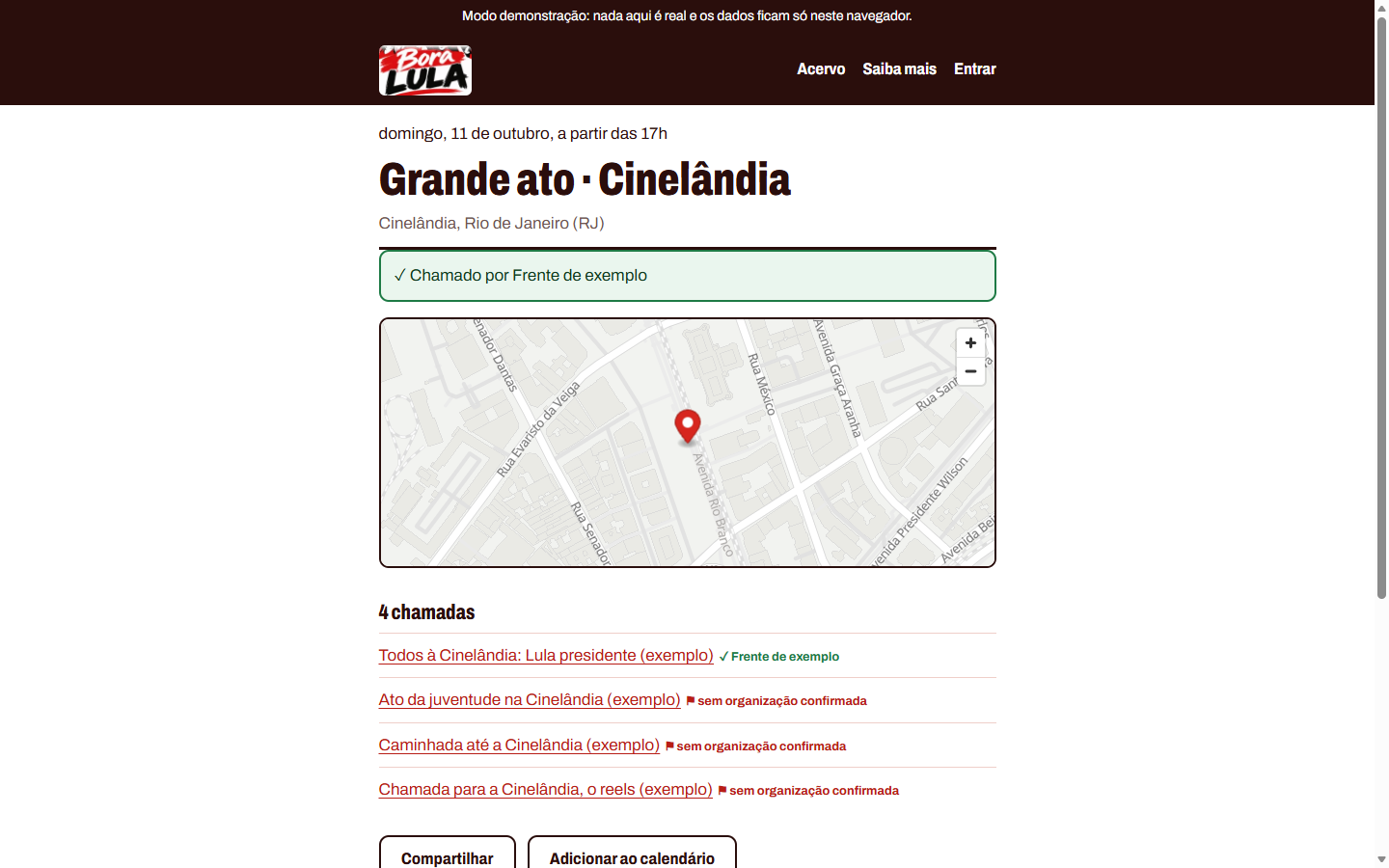 Página do Grande ato Cinelândia, com o mapa e as 4 chamadas, cada uma com o selo ou o aviso de organização não confirmada