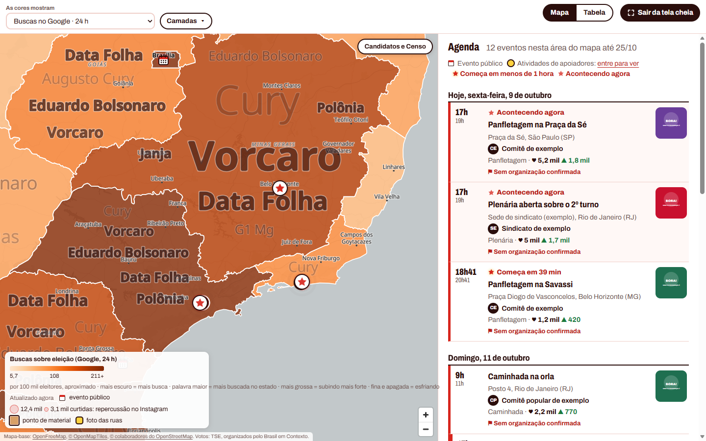 Mapa do Sudeste com a camada Buscas no Google: dentro de cada estado, a nuvem das expressões em alta sobre a eleição, como Vorcaro, Data Folha, Cury e Eduardo Bolsonaro