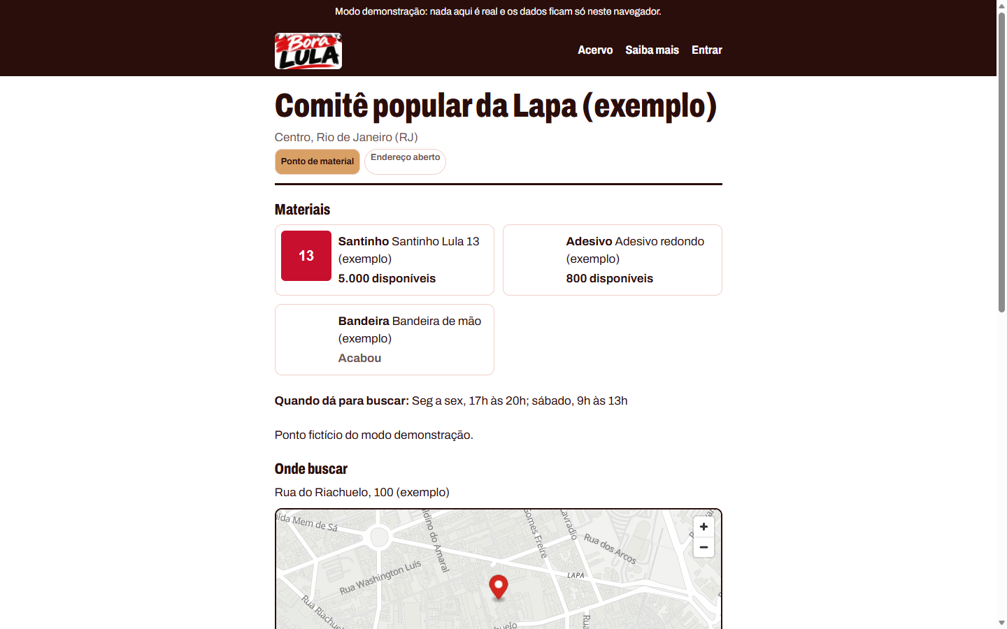Página de um ponto de material: santinhos, adesivos e bandeiras com a quantidade disponível, horário e mapa